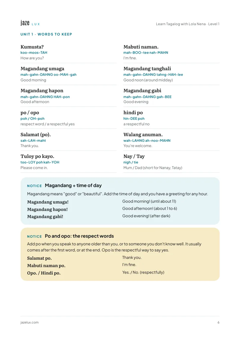 Unit 1 words to keep, with pronunciation guides
